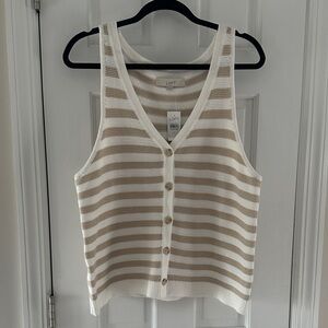 LOFT Tan and White Striped Button-Up Tank Top
